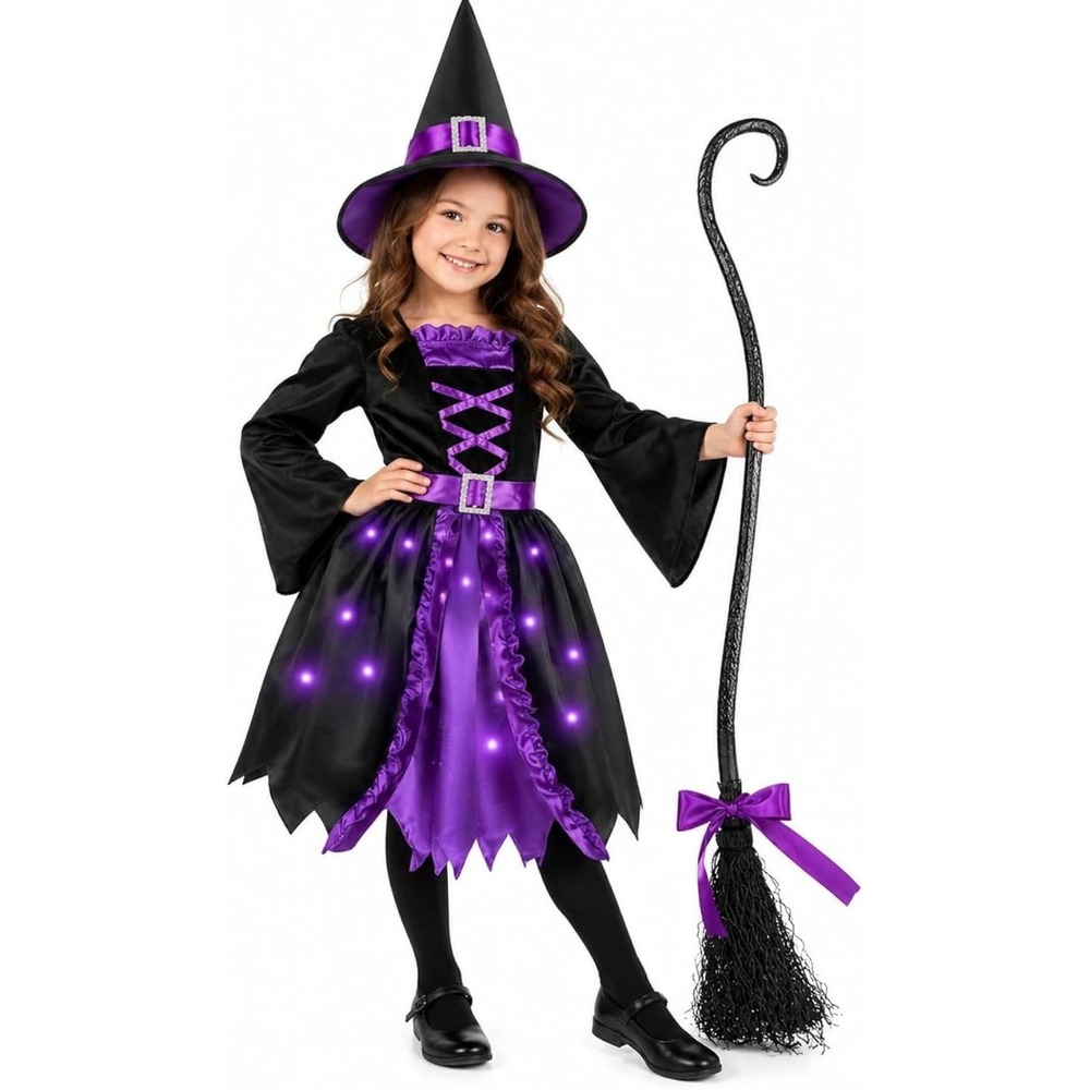 light up witch halloween costume black purple, kids girls size small (6-8 yrs)